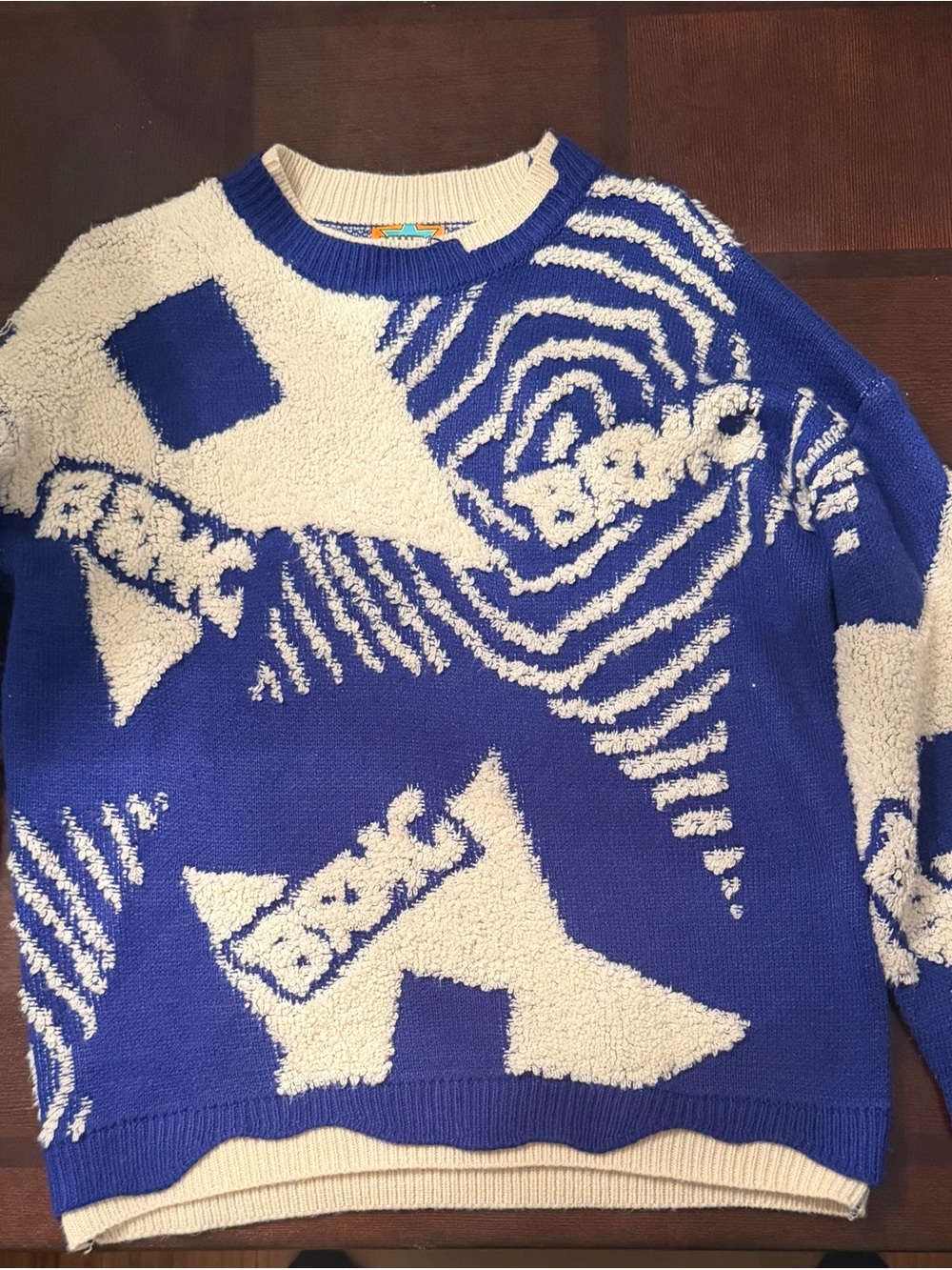 Fashion Nova Blue and Cream Abstract Graphic Crewneck Sweater